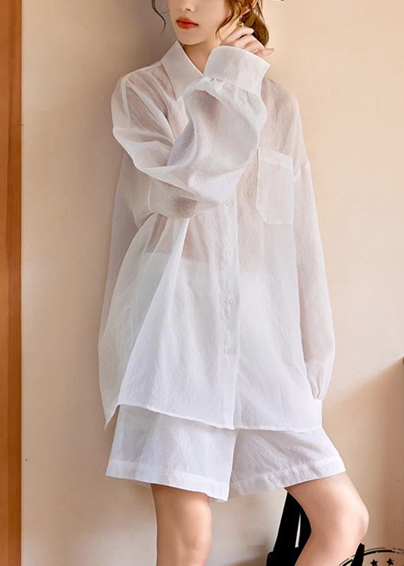 Simple White Pockets Shirts and Shorts Two Piece Suit Set Long Sleeve Ww038