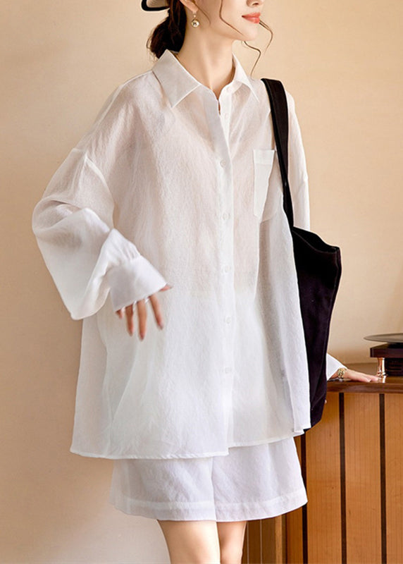 Simple White Pockets Shirts and Shorts Two Piece Suit Set Long Sleeve Ww038