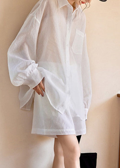Simple White Pockets Shirts and Shorts Two Piece Suit Set Long Sleeve Ww038
