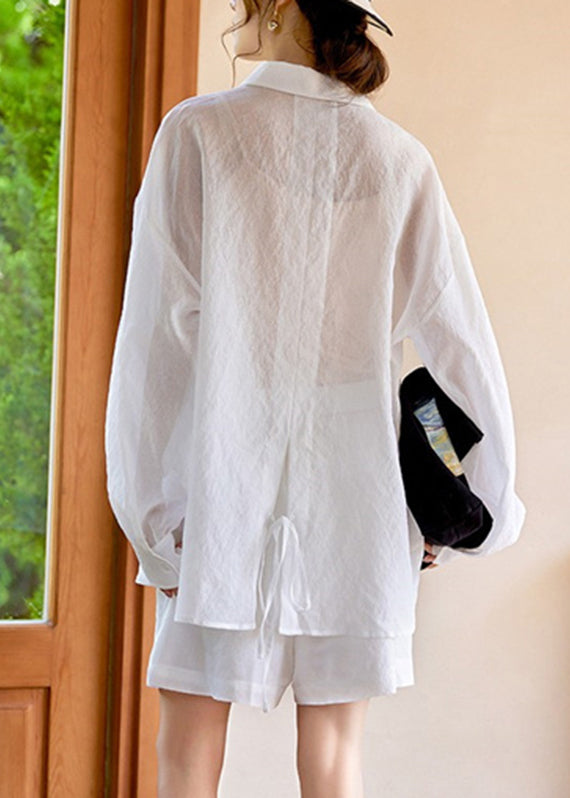 Simple White Pockets Shirts and Shorts Two Piece Suit Set Long Sleeve Ww038