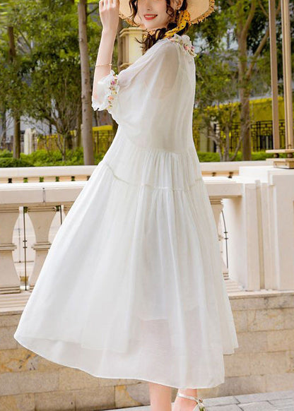 Simple White Ruffled Exra Large Hem Silk Long Dress Ac3045