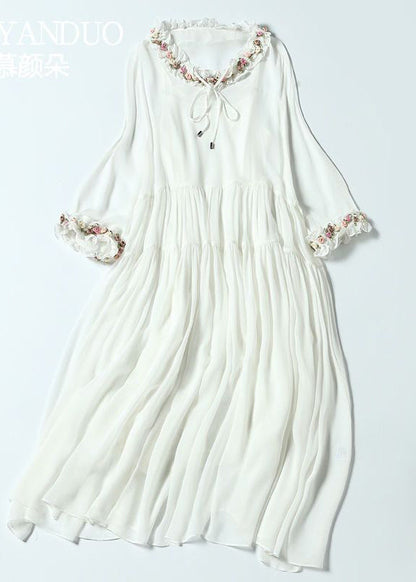 Simple White Ruffled Exra Large Hem Silk Long Dress Ac3045