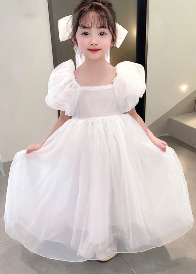 Simple White Square Collar Patchwork Tulle Vacation Long Dresses Summer Xz043