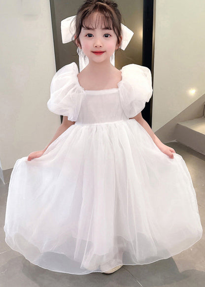Simple White Square Collar Patchwork Tulle Vacation Long Dresses Summer Xz043