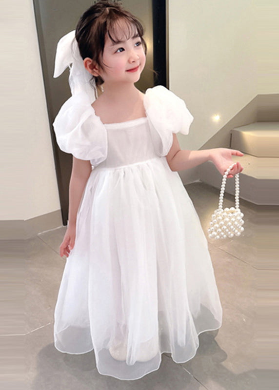 Simple White Square Collar Patchwork Tulle Vacation Long Dresses Summer Xz043