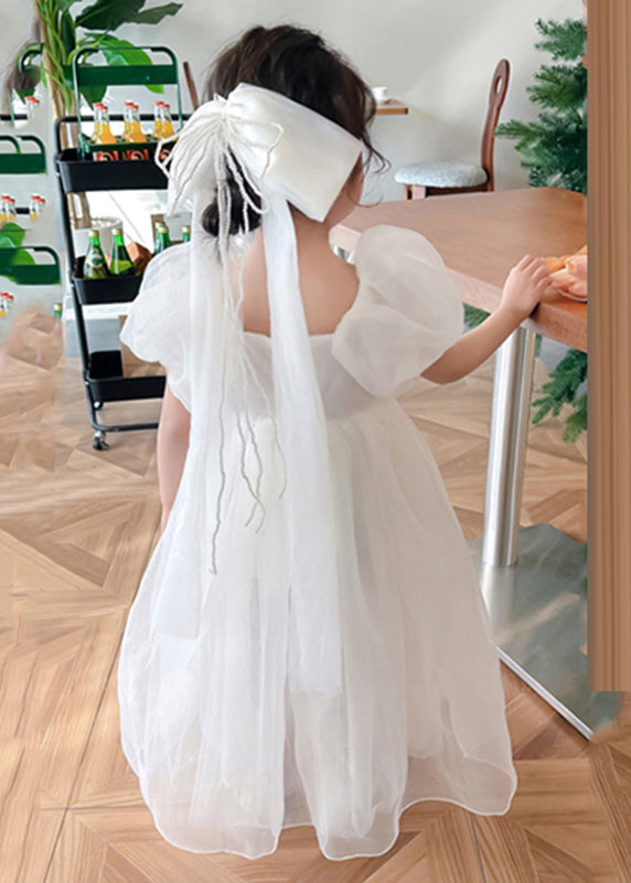 Simple White Square Collar Patchwork Tulle Vacation Long Dresses Summer Xz043