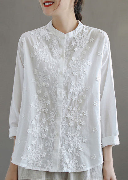 Simple White Stand Collar Embroideried Patchwork Cotton Blouses Long Sleeve Tq1052