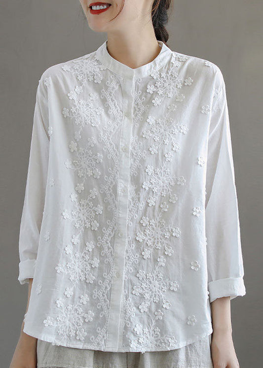 Simple White Stand Collar Embroideried Patchwork Cotton Blouses Long Sleeve Tq1052
