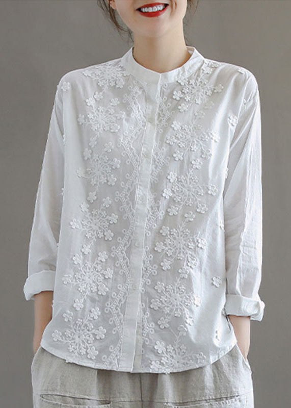 Simple White Stand Collar Embroideried Patchwork Cotton Blouses Long Sleeve Tq1052