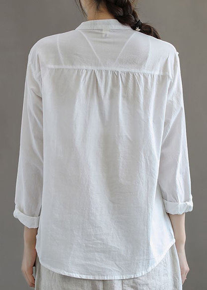 Simple White Stand Collar Embroideried Patchwork Cotton Blouses Long Sleeve Tq1052