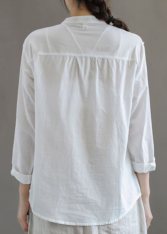 Simple White Stand Collar Embroideried Patchwork Cotton Blouses Long Sleeve Tq1052