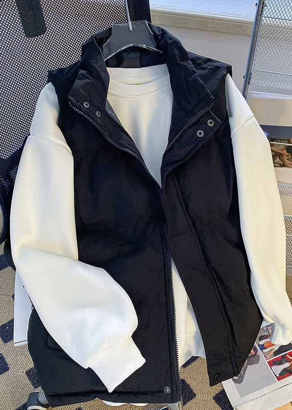 Simple White Stand Collar Zippered Cotton Filled Waistcoat Sleeveless Rn009