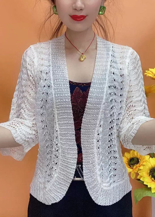 Simple White V Neck Hollow Out Knit Cardigan Bracelet Sleeve As1033