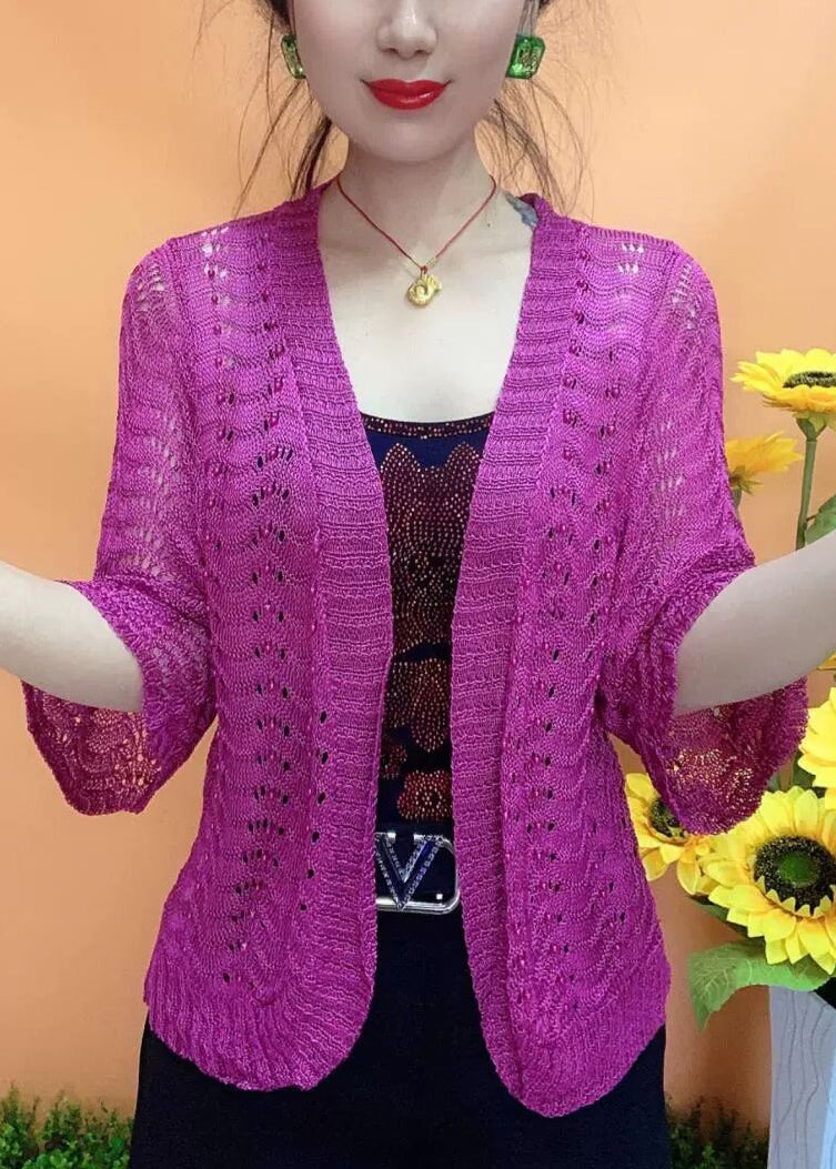 Simple White V Neck Hollow Out Knit Cardigan Bracelet Sleeve As1033