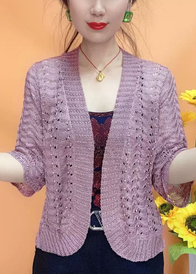 Simple White V Neck Hollow Out Knit Cardigan Bracelet Sleeve As1033