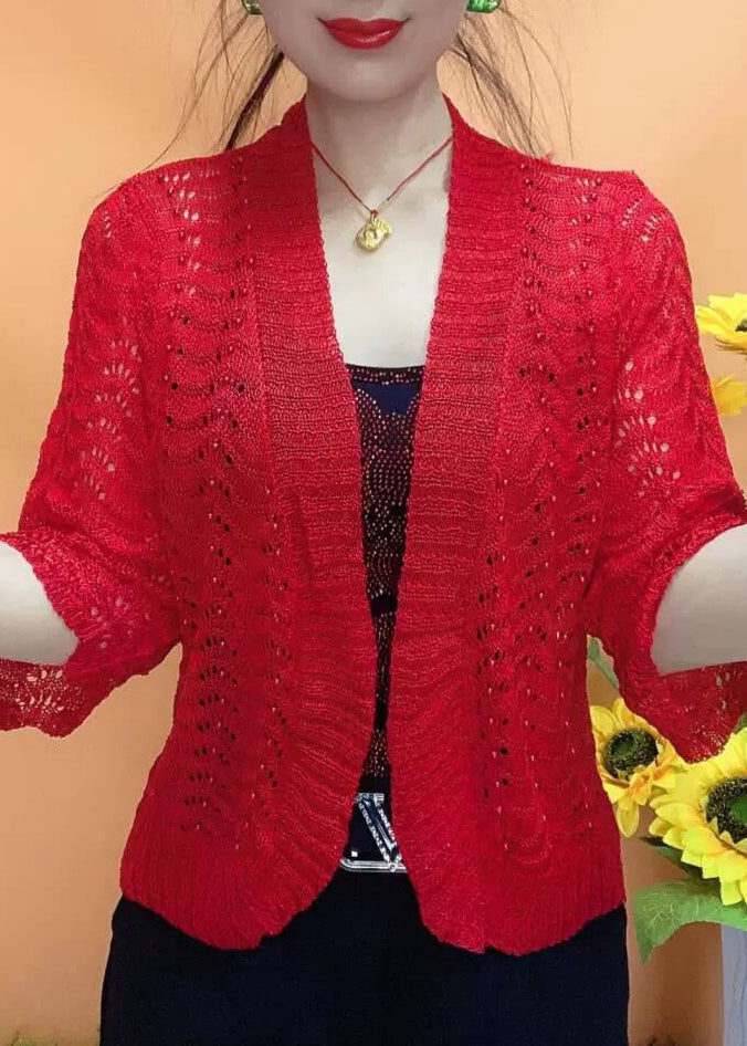 Simple White V Neck Hollow Out Knit Cardigan Bracelet Sleeve As1033