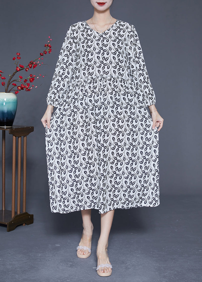 Simple White V Neck Oversized Print Chiffon Long Dresses Spring Ly1849