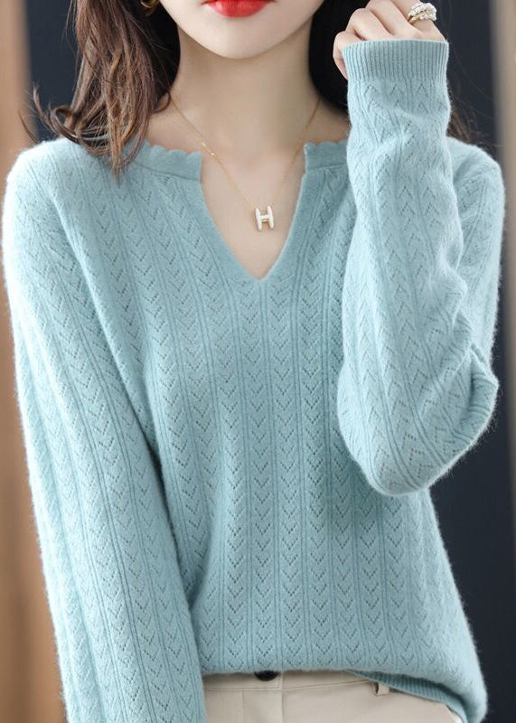 Simple White V Neck Ruffled Cotton Knit Sweaters Fall Qp019