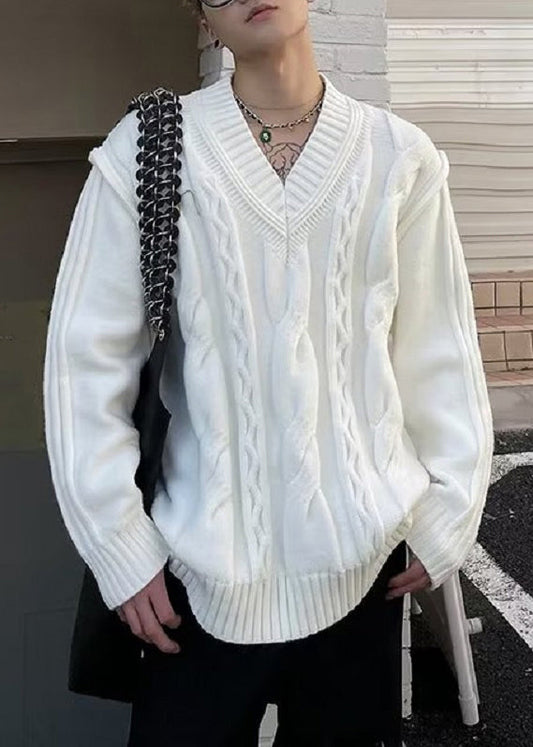 Simple White V Neck Knit Sweater Fall Qh017