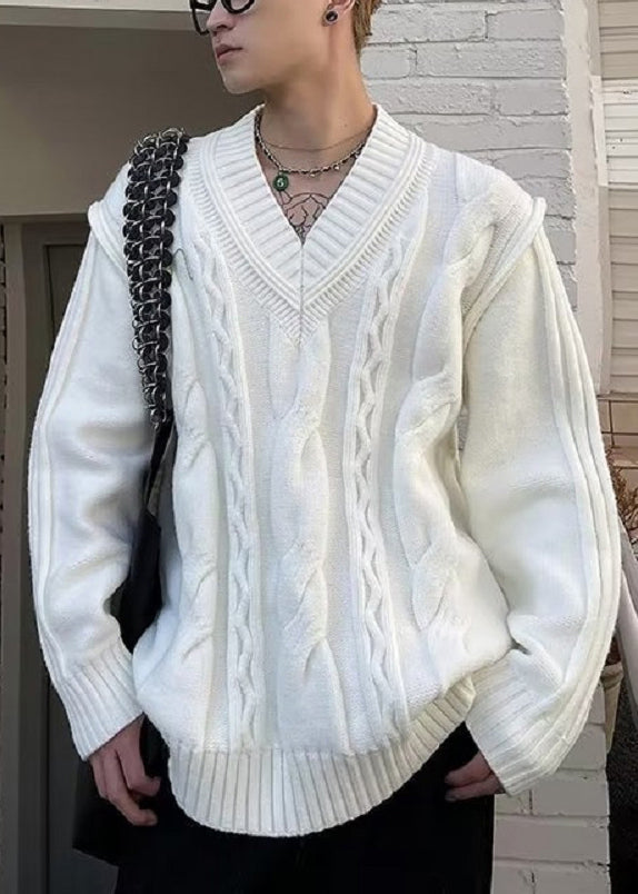 Simple White V Neck Knit Sweater Fall Qh017