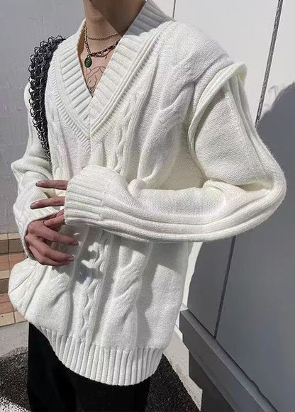Simple White V Neck Knit Sweater Fall Qh017