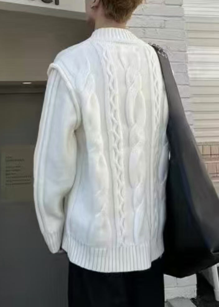 Simple White V Neck Knit Sweater Fall Qh017