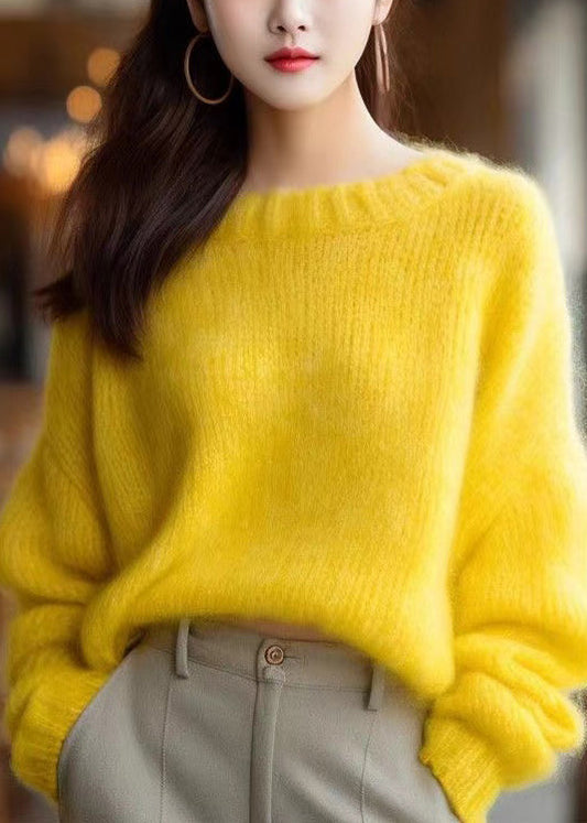 Simple Yellow O Neck Knit Sweater Winter Wx027