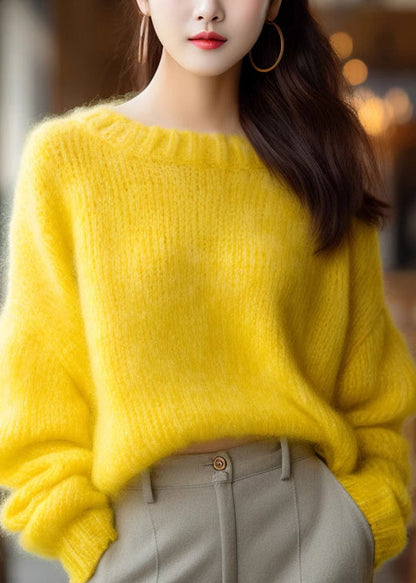 Simple Yellow O Neck Knit Sweater Winter Wx027