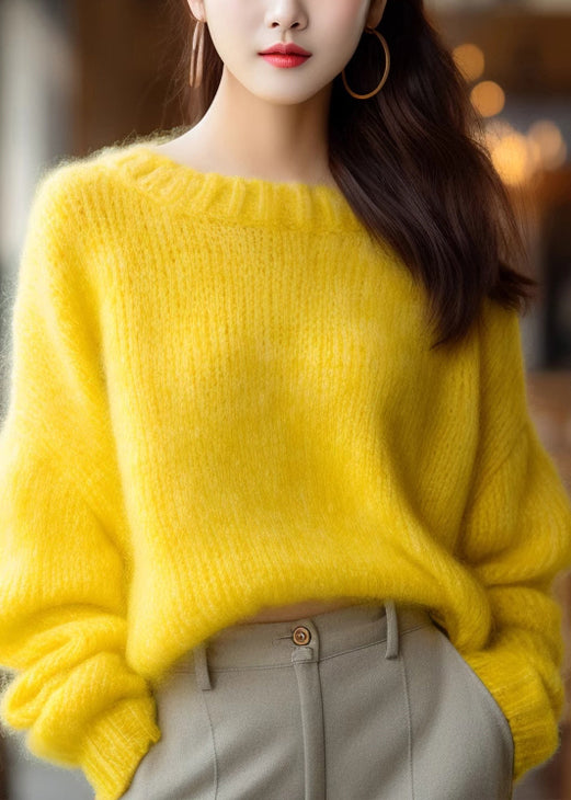 Simple Yellow O Neck Knit Sweater Winter Wx027