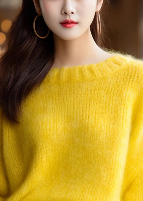 Simple Yellow O Neck Knit Sweater Winter Wx027