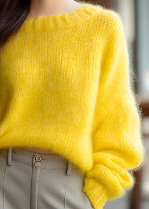 Simple Yellow O Neck Knit Sweater Winter Wx027