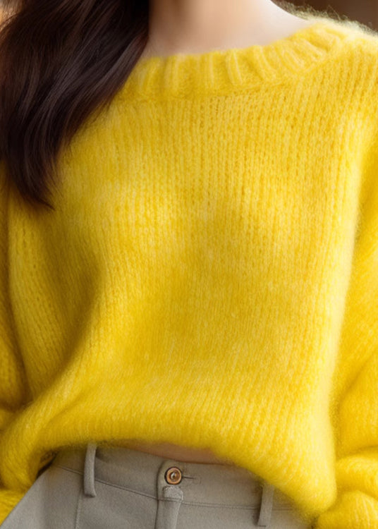 Simple Yellow O Neck Knit Sweater Winter Wx027