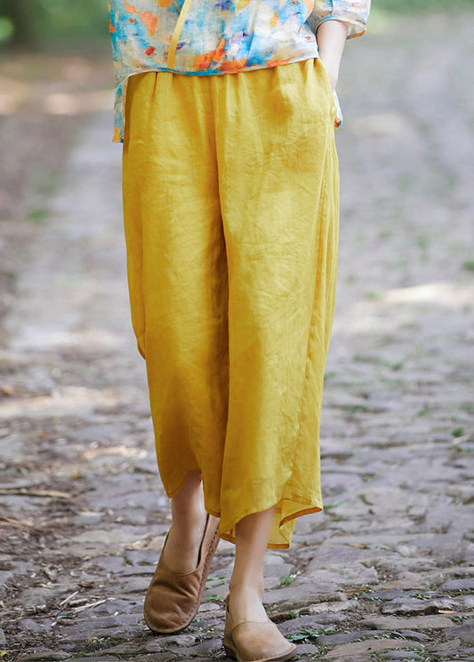 Waist Yellow Simple Linen Summer Elastic Crop Pantss Pockets