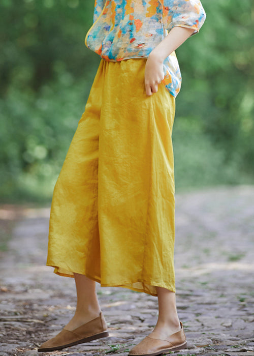 Waist Yellow Simple Linen Summer Elastic Crop Pantss Pockets