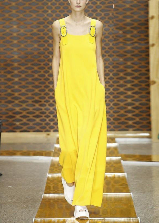 Pants Yellow Pockets Cotton Simple Sleeveless Jumpsuit