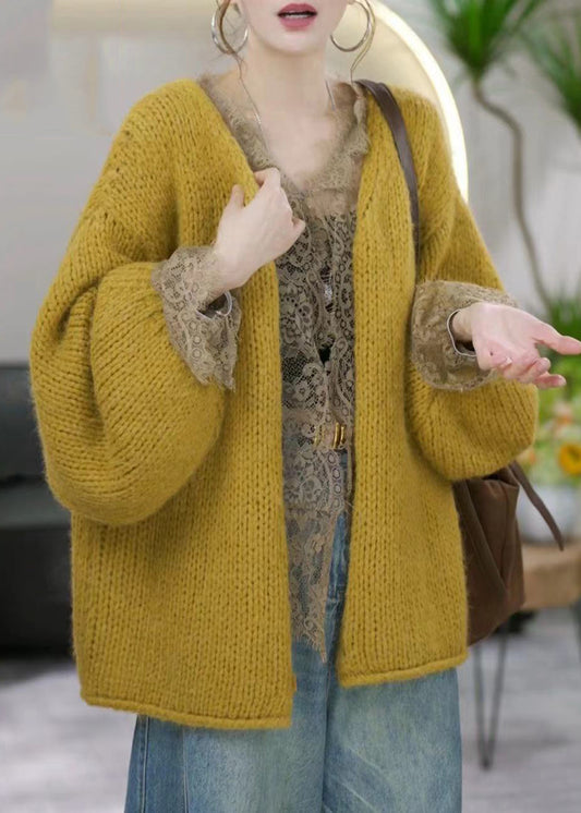 Simple Yellow V Neck Cotton Knit Cardigans Winter Rf017
