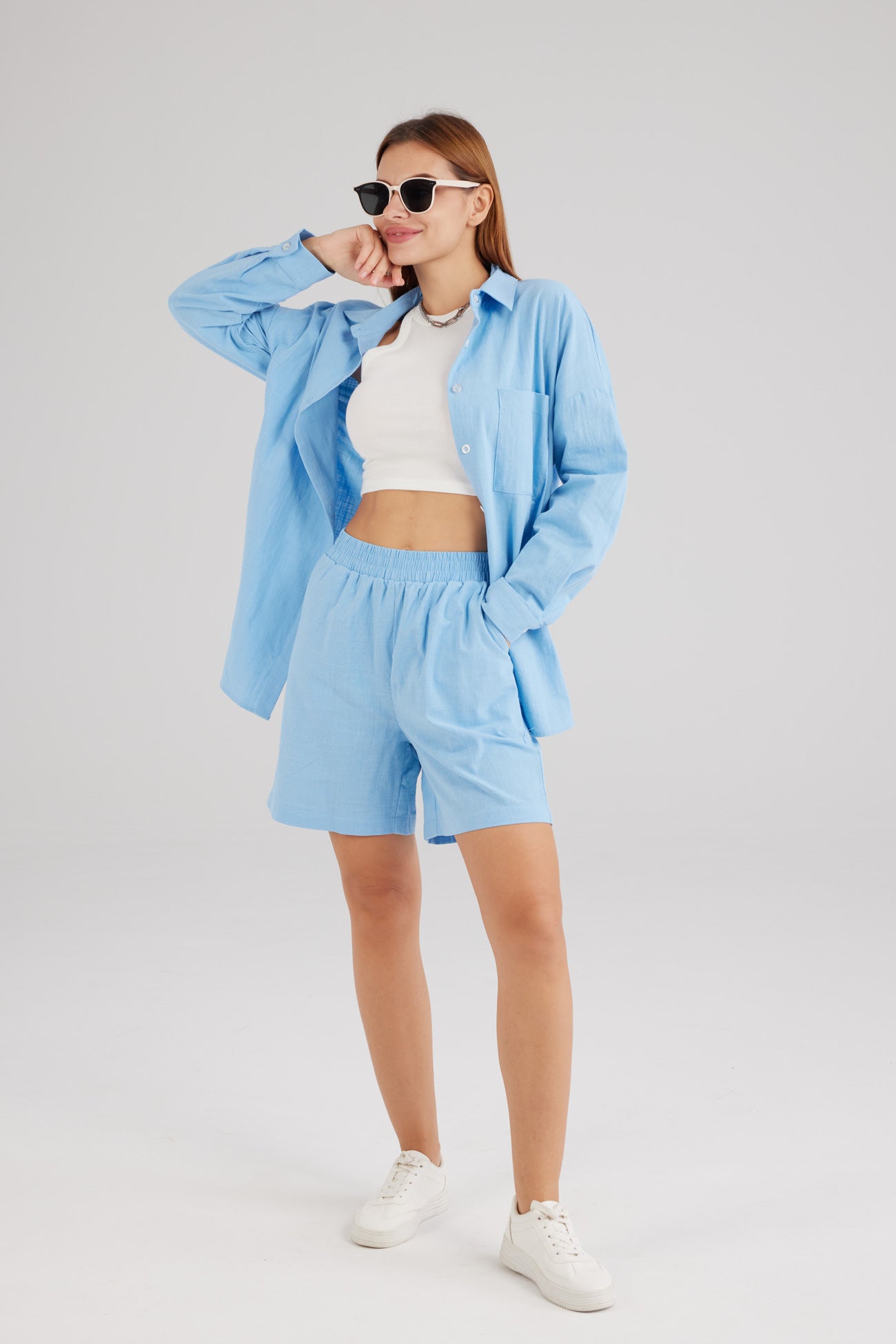 Single-breasted Long Sleeve Shirt Shorts Suit
