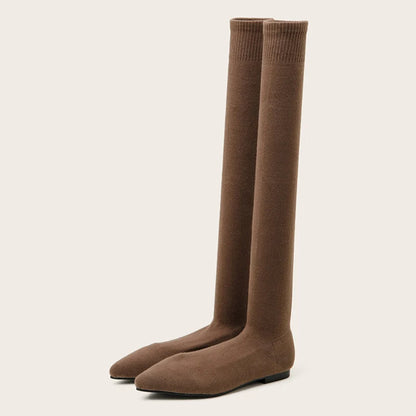 Size 34-40 ’s Black Thigh High Sock Boots – Slim Leg Stretch Fabric Pointed Toe Flat Heels Over the Knee Slip on Shoes