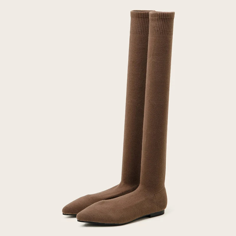 Size 34-40 ’s Black Thigh High Sock Boots – Slim Leg Stretch Fabric Pointed Toe Flat Heels Over the Knee Slip on Shoes