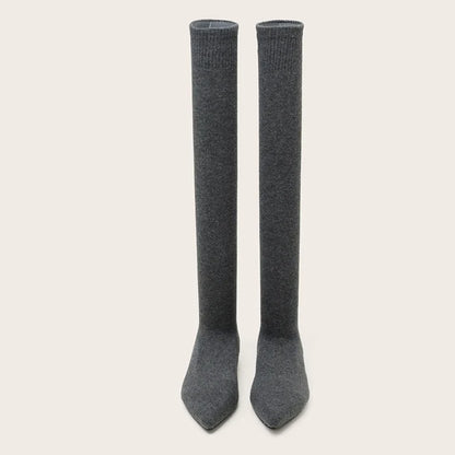 Size 34-40 ’s Black Thigh High Sock Boots – Slim Leg Stretch Fabric Pointed Toe Flat Heels Over the Knee Slip on Shoes