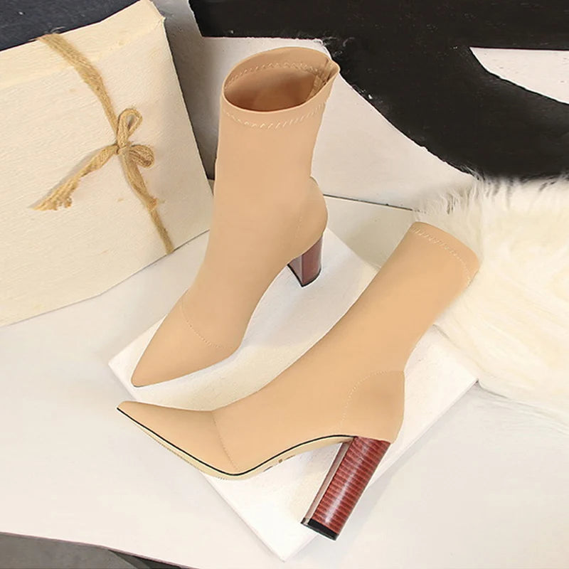 Size 42 43 Ankle Boots Square High Heels Pumps Fall Comfort Stretch Fabric Sock Boot Femme Party Dress Shoes