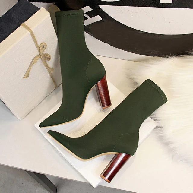 Size 42 43 Ankle Boots Square High Heels Pumps Fall Comfort Stretch Fabric Sock Boot Femme Party Dress Shoes