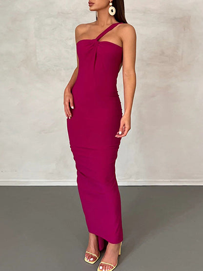 Slant-shouldered Backless Slim-fitting Hip Maxi Dress