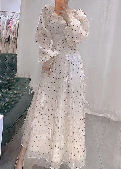 Slim Fit Beige Square Collar Dot Tulle Long Dresses Spring Ti1006