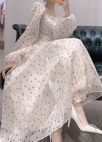 Slim Fit Beige Square Collar Dot Tulle Long Dresses Spring Ti1006