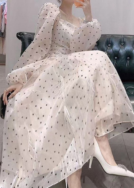 Slim Fit Beige Square Collar Dot Tulle Long Dresses Spring Ti1006
