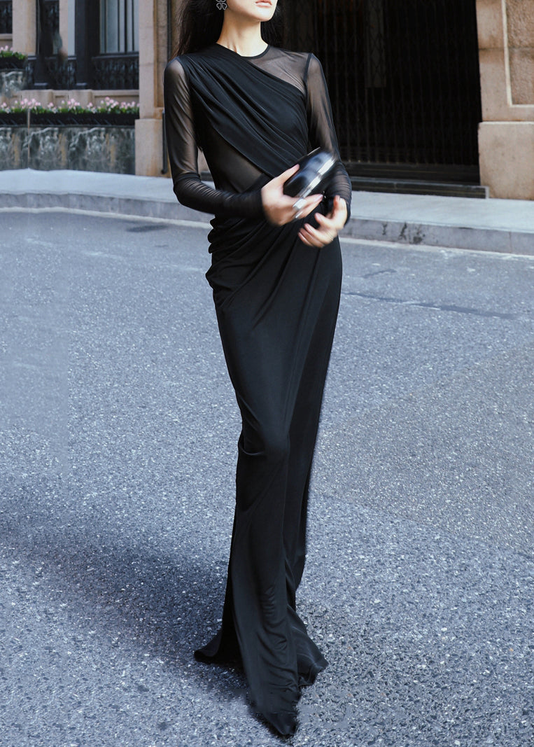Slim Fit Black Asymmetrical Side Open Long Dresses Fall Al1030