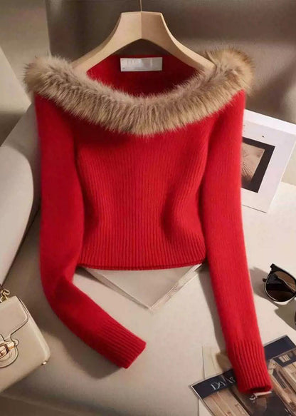 Slim Fit Black Fur Collar Cotton Knit Sweater Winter Rk007