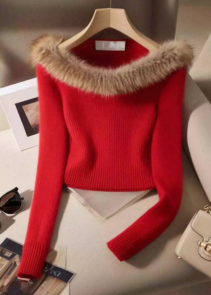 Slim Fit Black Fur Collar Cotton Knit Sweater Winter Rk007