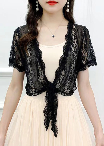 Slim Fit Black Lace Up Hollow Out Lace Cardigans Summer As1031